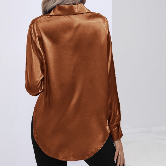 Satin Serenity Button-Up Shirt - Caramel - Picture 2 of 4